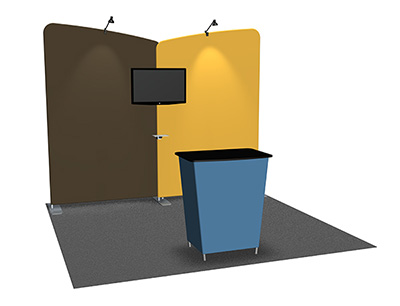 Featherlite Medallion 10' trade show display with two angled fabric panels and lights.
