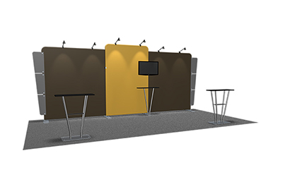 Featherlite Medallion 20' trade show display with side angled panels and lights.