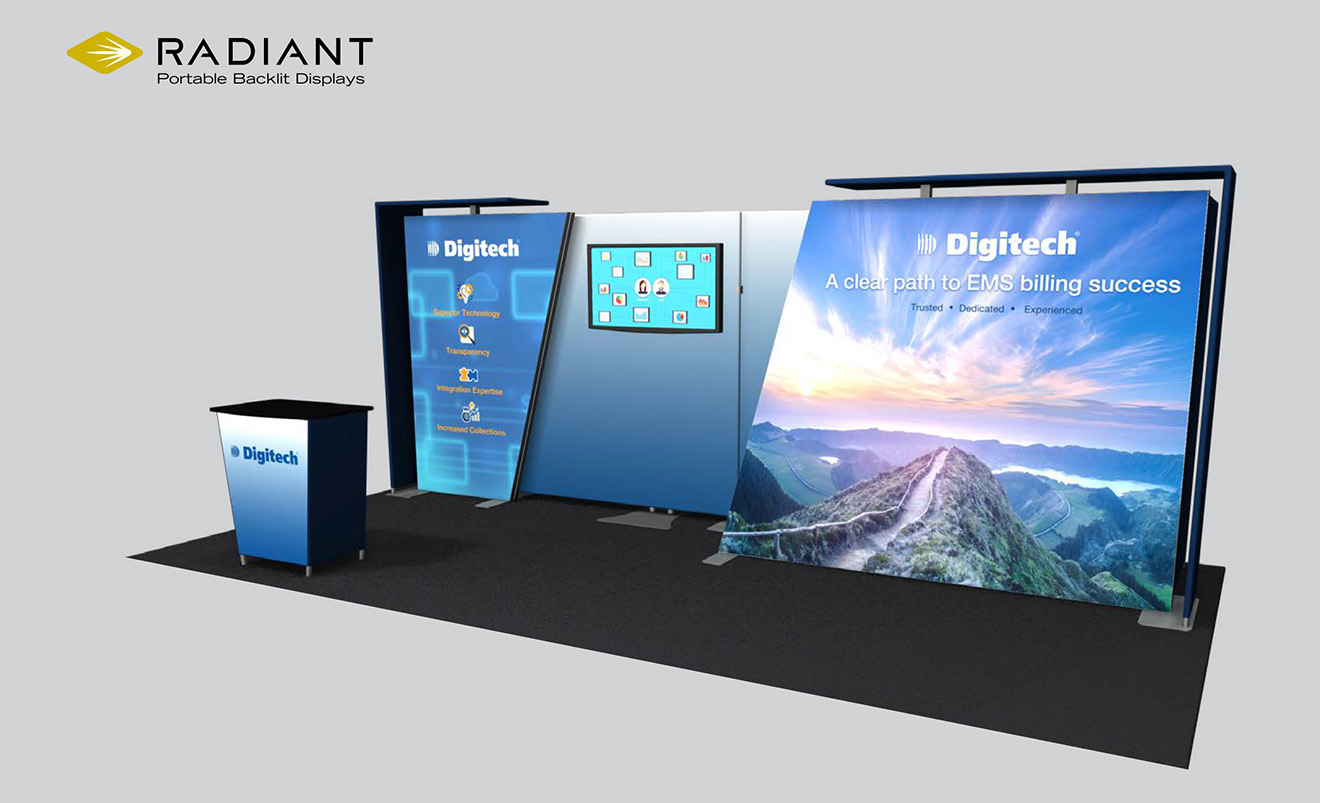 Featherlite Radiant backlit portable display with monitor and counter.