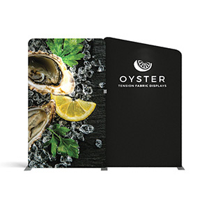 Waveline Media stretch fabric portable trade show display wall with oyster graphic.
