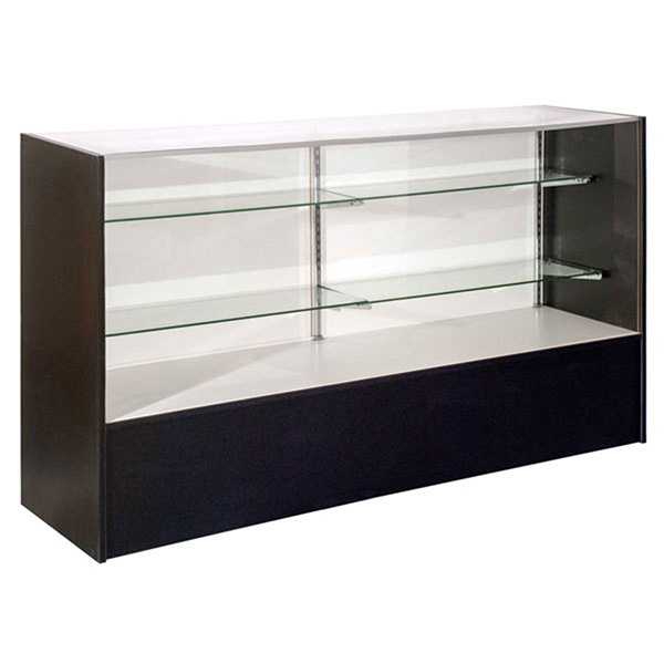 Glass full vision display case in black with sliding doors.