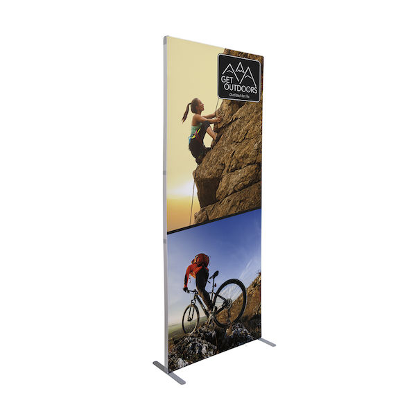 Journey trade show display with stretch fabric SEG graphic and aluminum connect frame.
