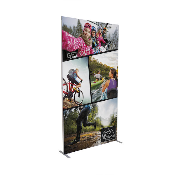 Journey trade show display with stretch fabric SEG graphic and aluminum connect frame.