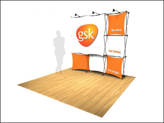 Xpressions pop-up stretch fabric trade show display 8ft with graphics.