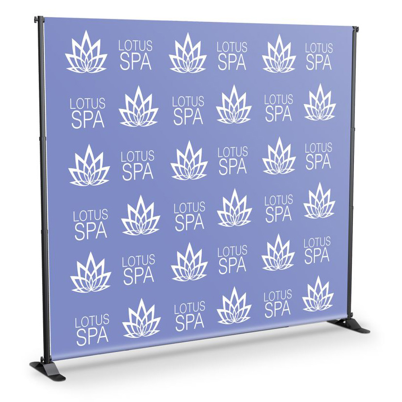 Step and repeat banner stand backdrop display with black tube frame.