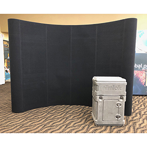 Trade show pop-up display with black velcro compatible fabric.