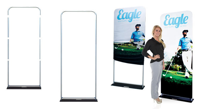 Extend fabric banner display stand with black metal bases.