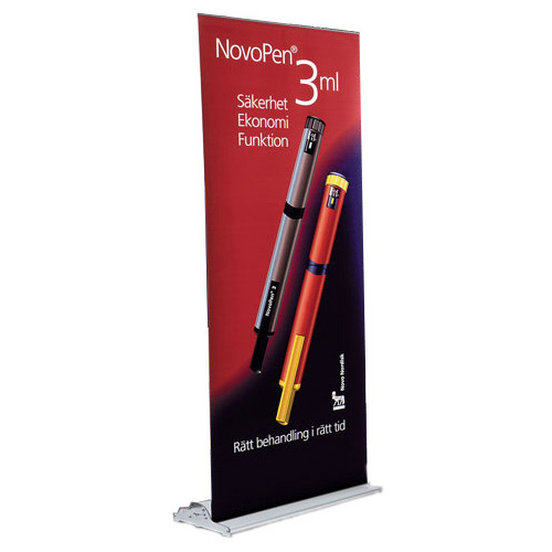 ExpoUp retractable banner stand in silver with graphic banner.