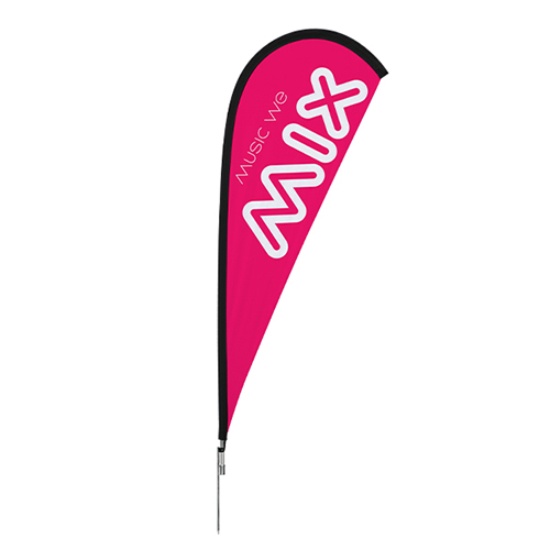 Teardrop shape outdoor advertising flag with pink banner.