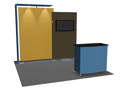 Featherlite Medallion 10' trade show display with stretch fabric canopy and monitor mount.