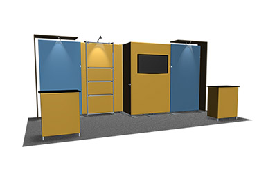 Featherlite Medallion 20' trade show display with shelf kit and closet area.