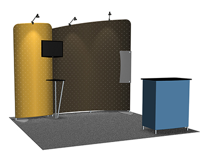 Featherlite Medallion 10' trade show display with straight and double curved stretch fabric.