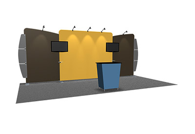 Featherlite Medallion 20' trade show display with straight center and angled side fabric panels.