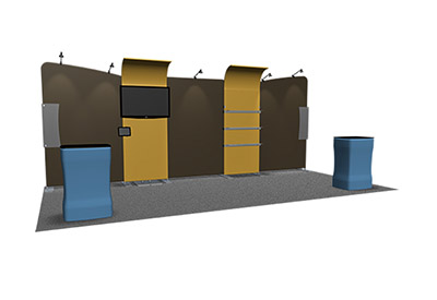 Featherlite Medallion 20' trade show display with shelf kit and podiums.