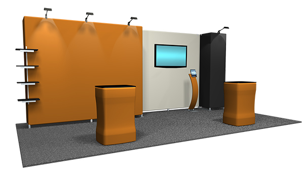 Medallion 2 architectural trade show display 10x10 with canopy and stretch fabric graphc.
