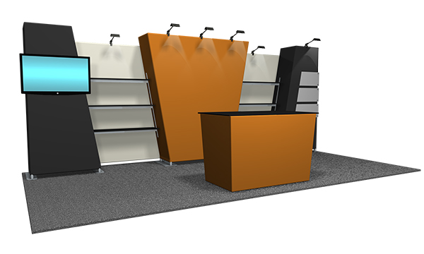 Featherlite Medallion 2 architectural trade show display 10x20 with canopy and stretch fabric graphc.