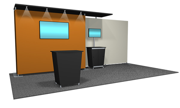 Featherlite Medallion 2 portable trade show display with stretch fabric graphc.