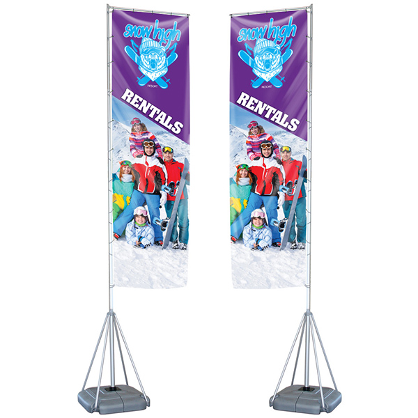 Mondo XL xtra tall outdoor retangle banner display stand with large graphic banner.