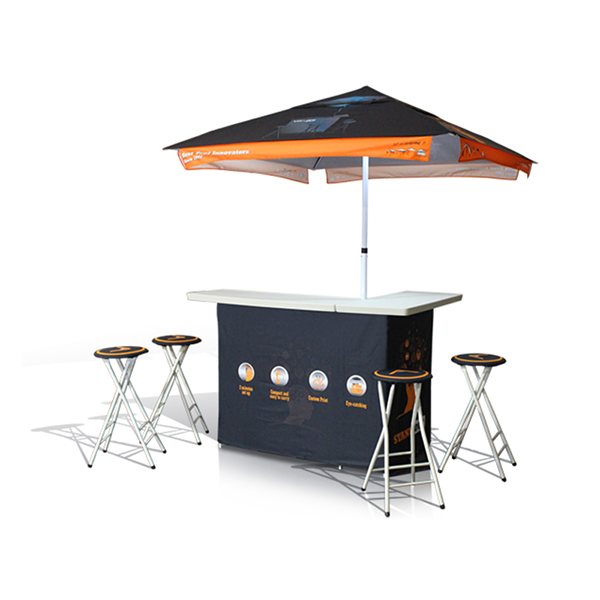Portable bar set for indoor or outdoor marketing events.