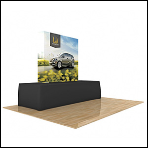 Star 5ft portable tabletop fabric pop-Up display with black table cover.