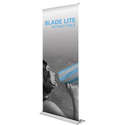 Blade Lite retractable banner stand with silver base and 31 inch wide rollup graphic banner.
