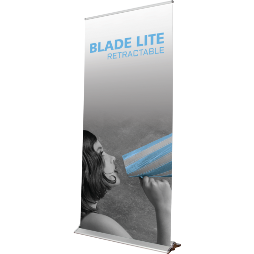 Blade Lite 39 inch retractable banner stand with zerocurl graphic banner.
