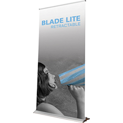 Blade Lite retractable banner stand with silver base and 47 inch wide rollup graphic banner.
