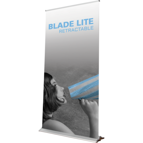 Blade Lite 47 inch retractable banner stand with zerocurl graphic banner.