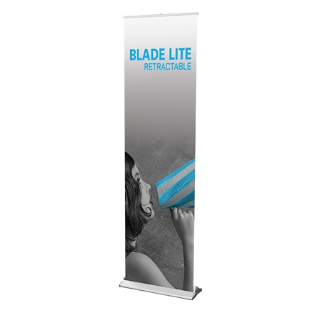 Blade Lite 24 inch retractable banner stand with zerocurl graphic banner.
