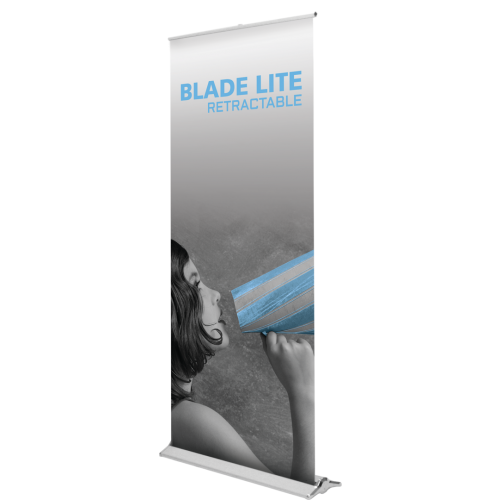 Blade Lite 31 inch retractable banner stand with zerocurl graphic banner.