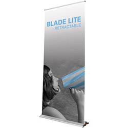 Blade Lite retractable banner stand with silver base and 33 inch wide rollup graphic banner.