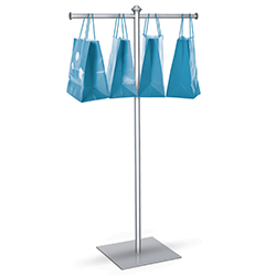 Pro bag rack display stand in silver with 2 arms and sturdy square base.