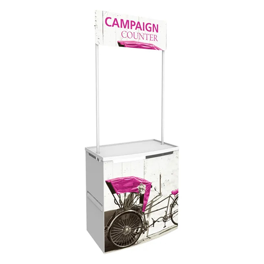 Campaign portable demonstration counter in white with header.