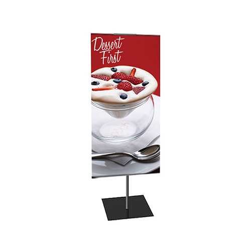 Classic mini banner stand with telescoping pole and square base for tabletop.