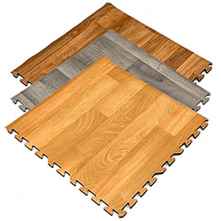 Designer trade show exhibit flooring with interlocking tiles.