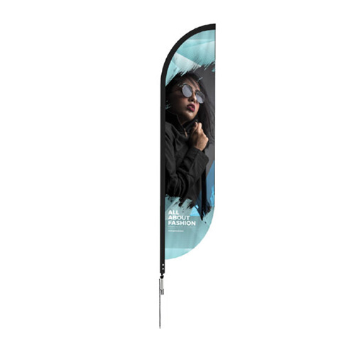 Outdoor convex flag stand with advertising fabric banner.