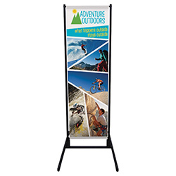 Black frame outdoor banner stand with heavy duty springs and long dual feet.