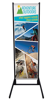 Dual trak outdoor banner stand with long feet and springs.