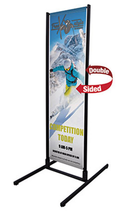 Dual trak outdoor banner stand with long feet and springs side view.