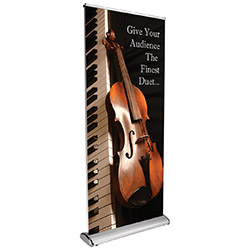 Duo double-sided retractable banner stand with two rollup graphic banners.