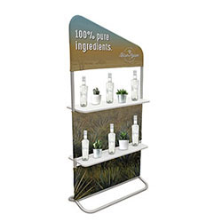 EuroFit Evolution portable banner stand with stretch fabric graphic and shelving.