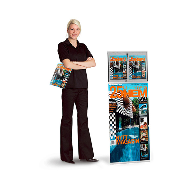 Expand brochure banner 2-pocket literature stand with attached banner.