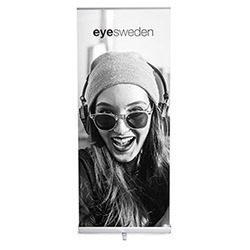 Expand MediaScreen 33 retractable banner stand with rollup graphic.