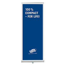 Expolinc RollUp Compact retractable banner stand with graphic.