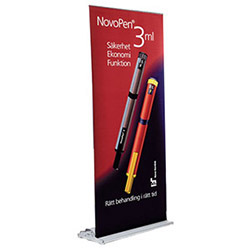 ExpoUp 39 retractable banner stand with silver base and banner.