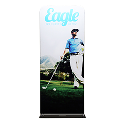 Extend fabric banner display stand with black metal bases.