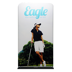 Extend fabric banner display stand with black metal bases.