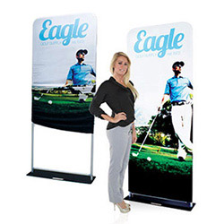 Ez Extend stretch fabric banner stand with black base and aluminum tube frame.