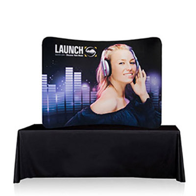 EZ Tube 6' curved tabletop display with stretch fabric tension graphic.