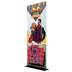 Extend fabric banner display stand with black metal bases.